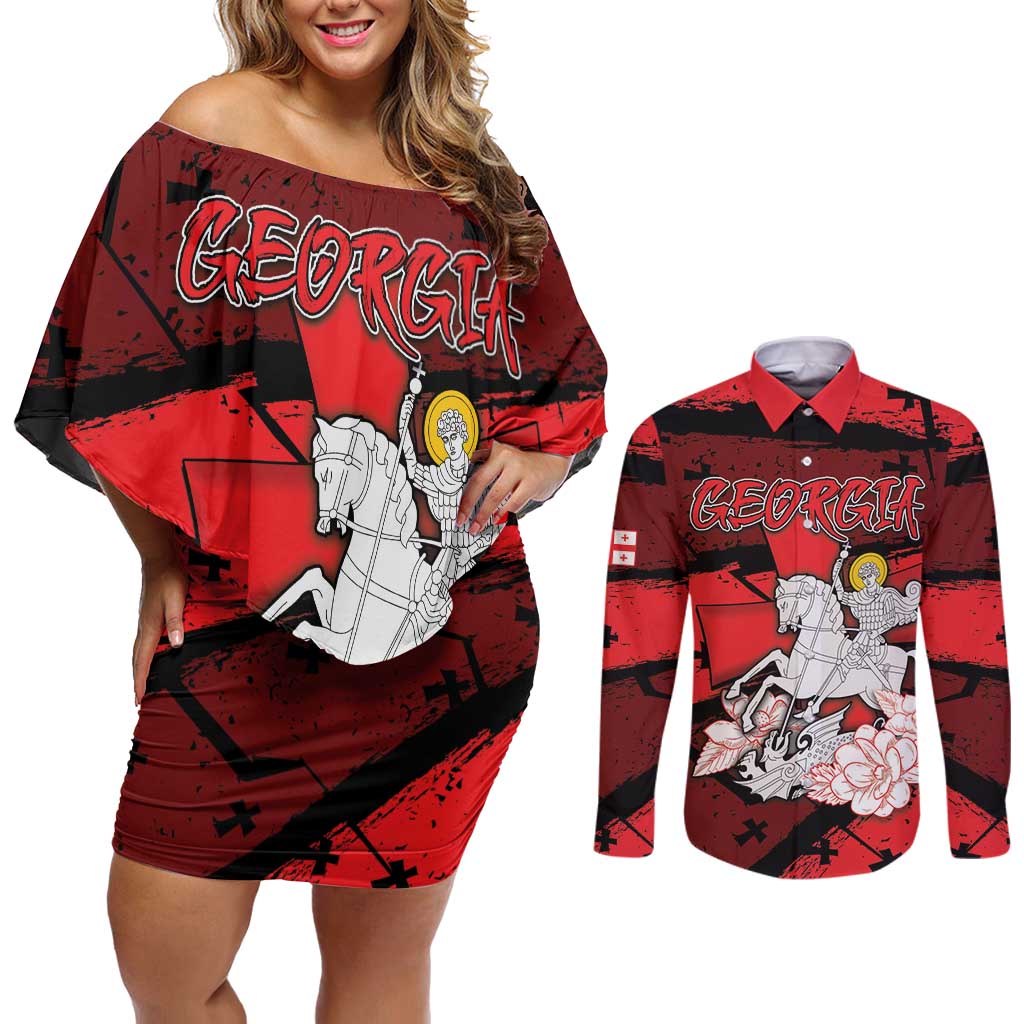 Personalized Georgia Couples Matching Off Shoulder Short Dress and Long Sleeve Button Shirt Patron Saint Symbol - Wonder Print Shop