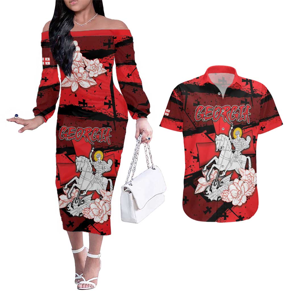 Personalized Georgia Couples Matching Off The Shoulder Long Sleeve Dress and Hawaiian Shirt Patron Saint Symbol - Wonder Print Shop