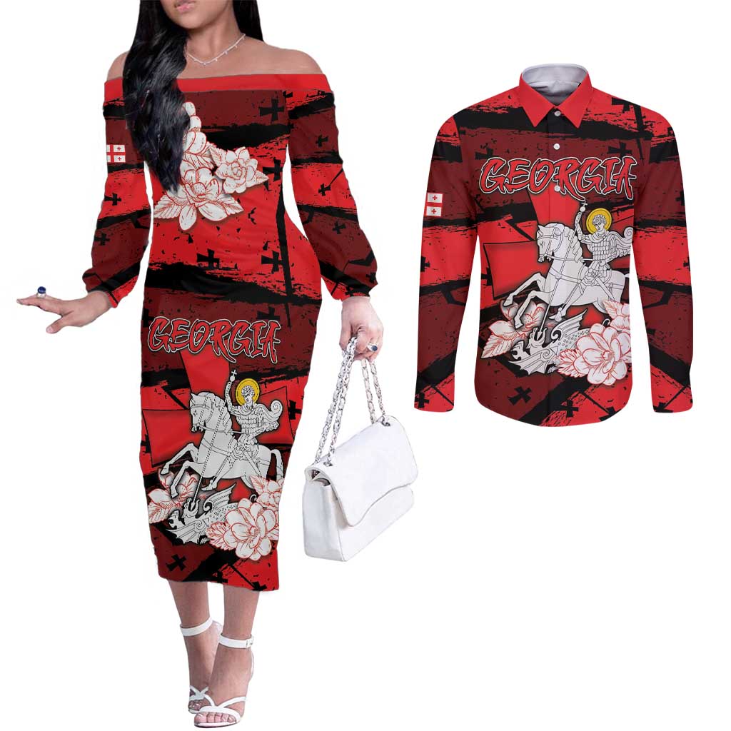 Personalized Georgia Couples Matching Off The Shoulder Long Sleeve Dress and Long Sleeve Button Shirt Patron Saint Symbol - Wonder Print Shop