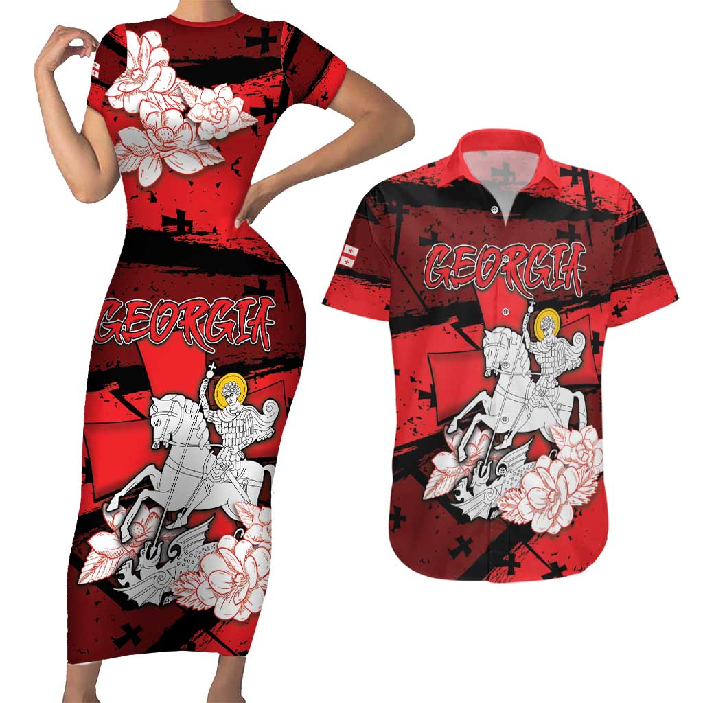 Personalized Georgia Couples Matching Short Sleeve Bodycon Dress and Hawaiian Shirt Patron Saint Symbol - Wonder Print Shop