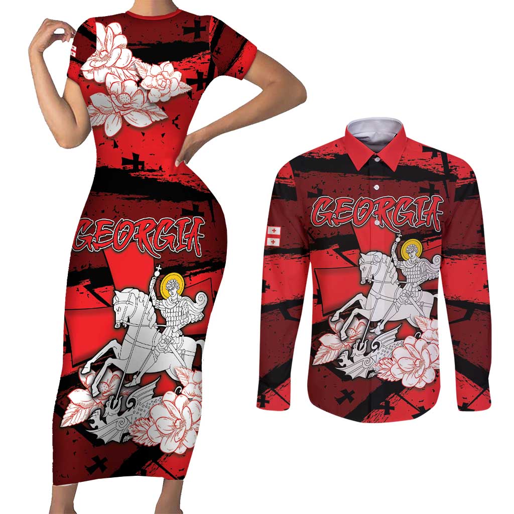Personalized Georgia Couples Matching Short Sleeve Bodycon Dress and Long Sleeve Button Shirt Patron Saint Symbol - Wonder Print Shop