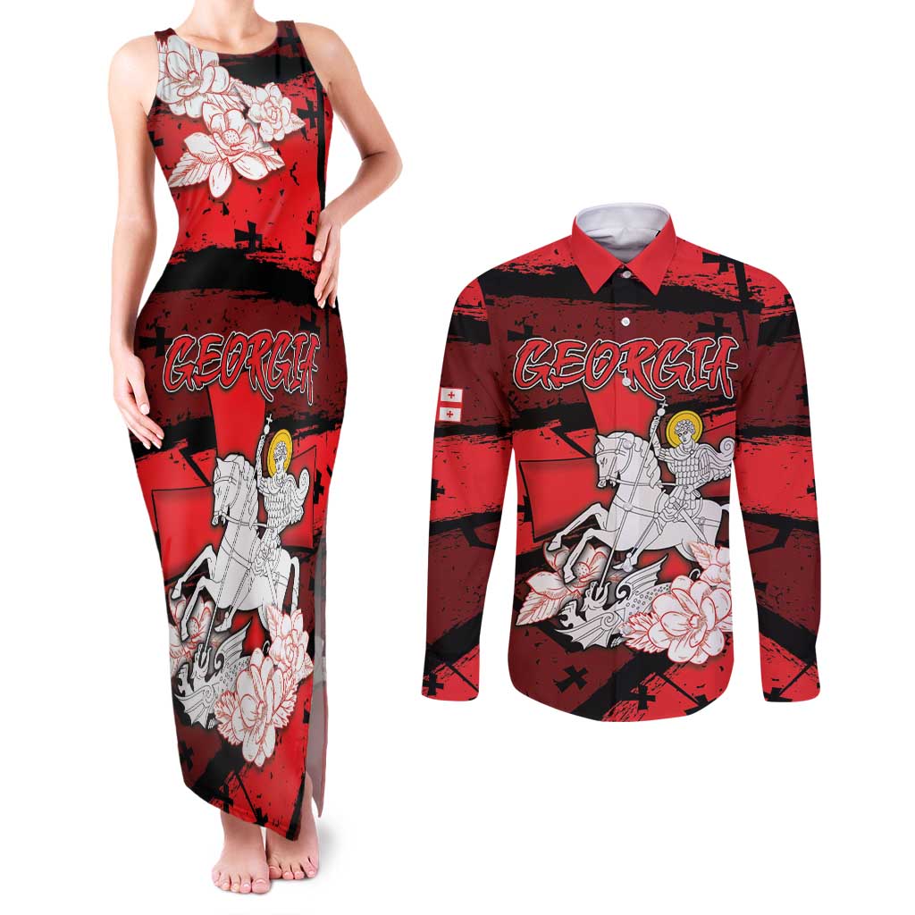 Personalized Georgia Couples Matching Tank Maxi Dress and Long Sleeve Button Shirt Patron Saint Symbol - Wonder Print Shop