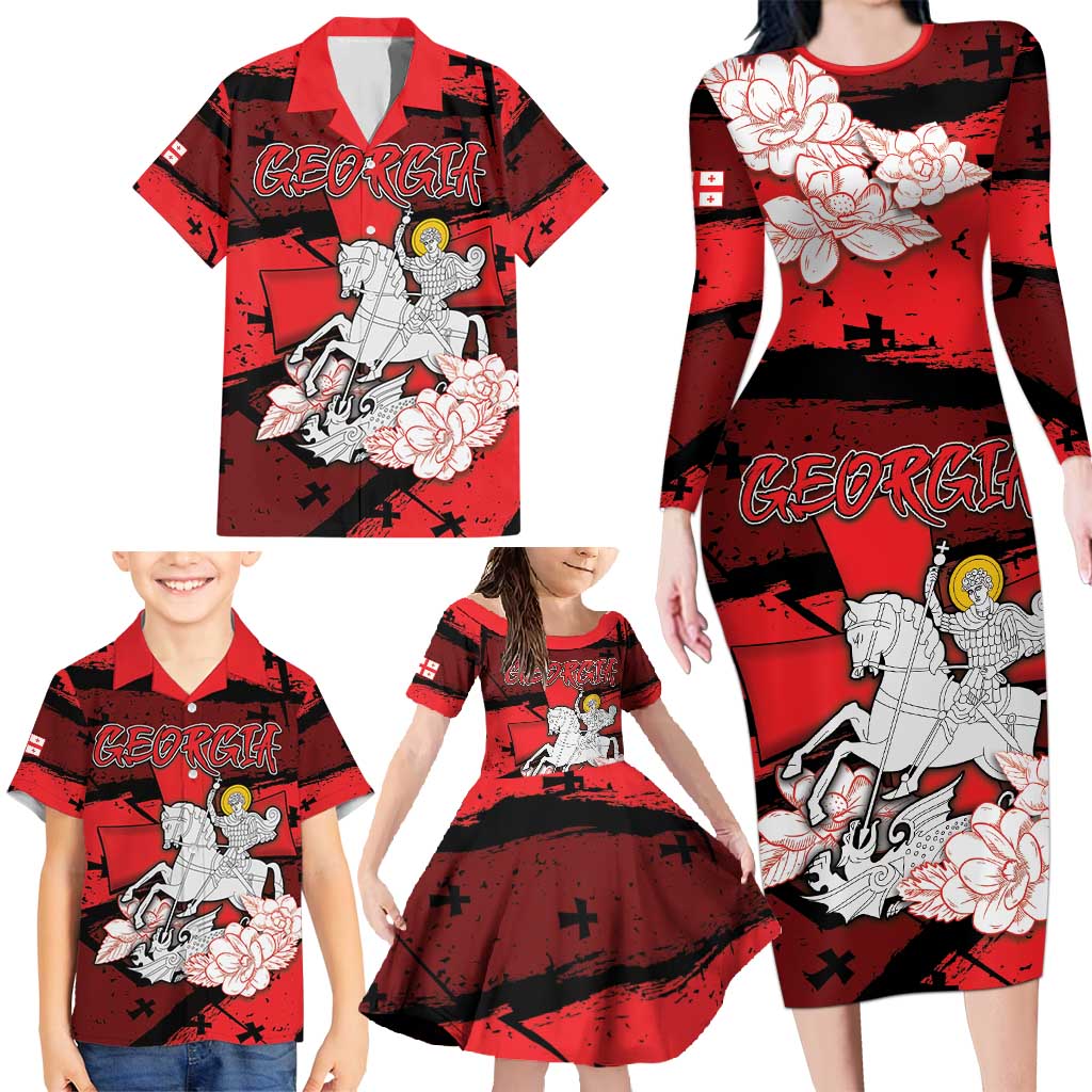 Personalized Georgia Family Matching Long Sleeve Bodycon Dress and Hawaiian Shirt Patron Saint Symbol - Wonder Print Shop