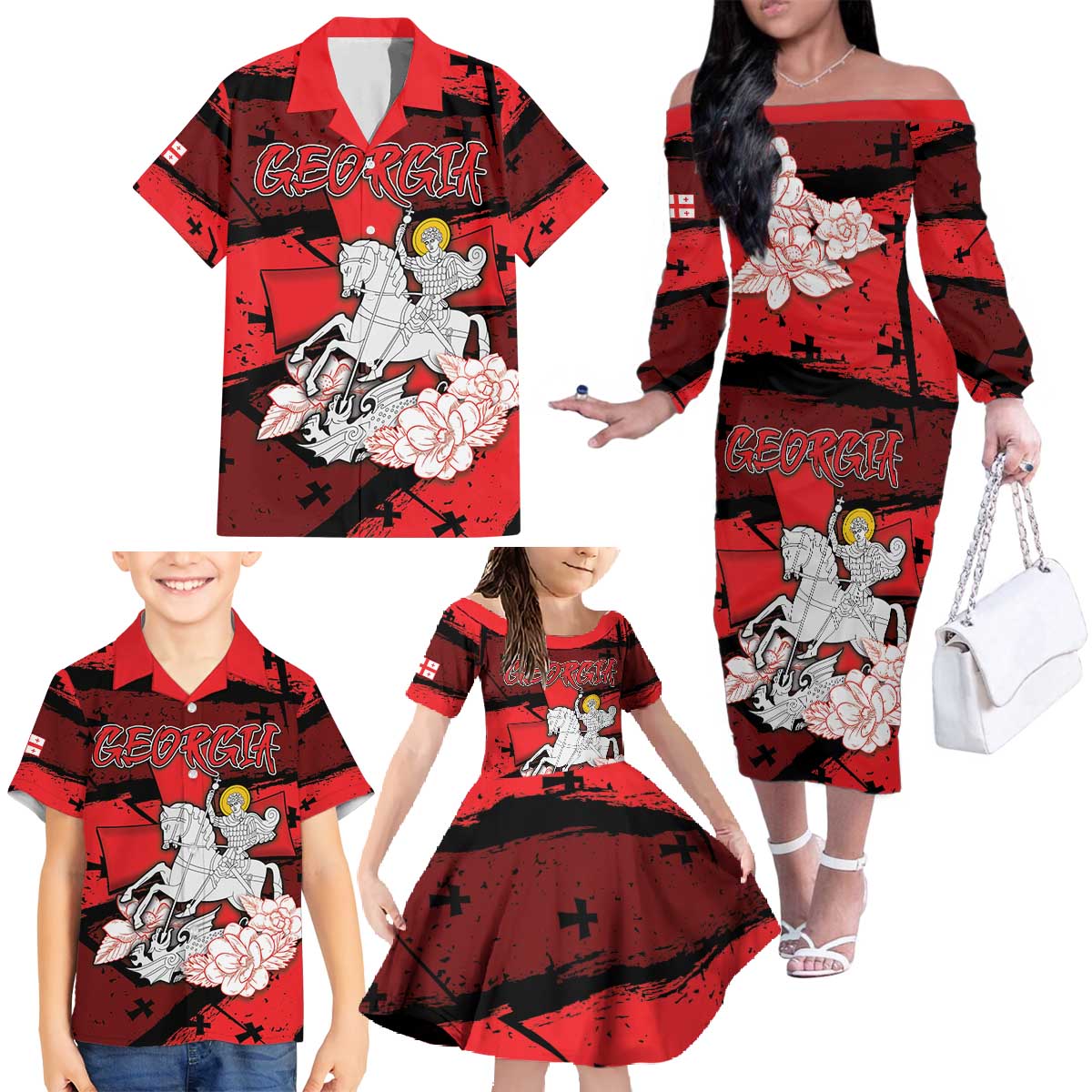 Personalized Georgia Family Matching Off The Shoulder Long Sleeve Dress and Hawaiian Shirt Patron Saint Symbol - Wonder Print Shop