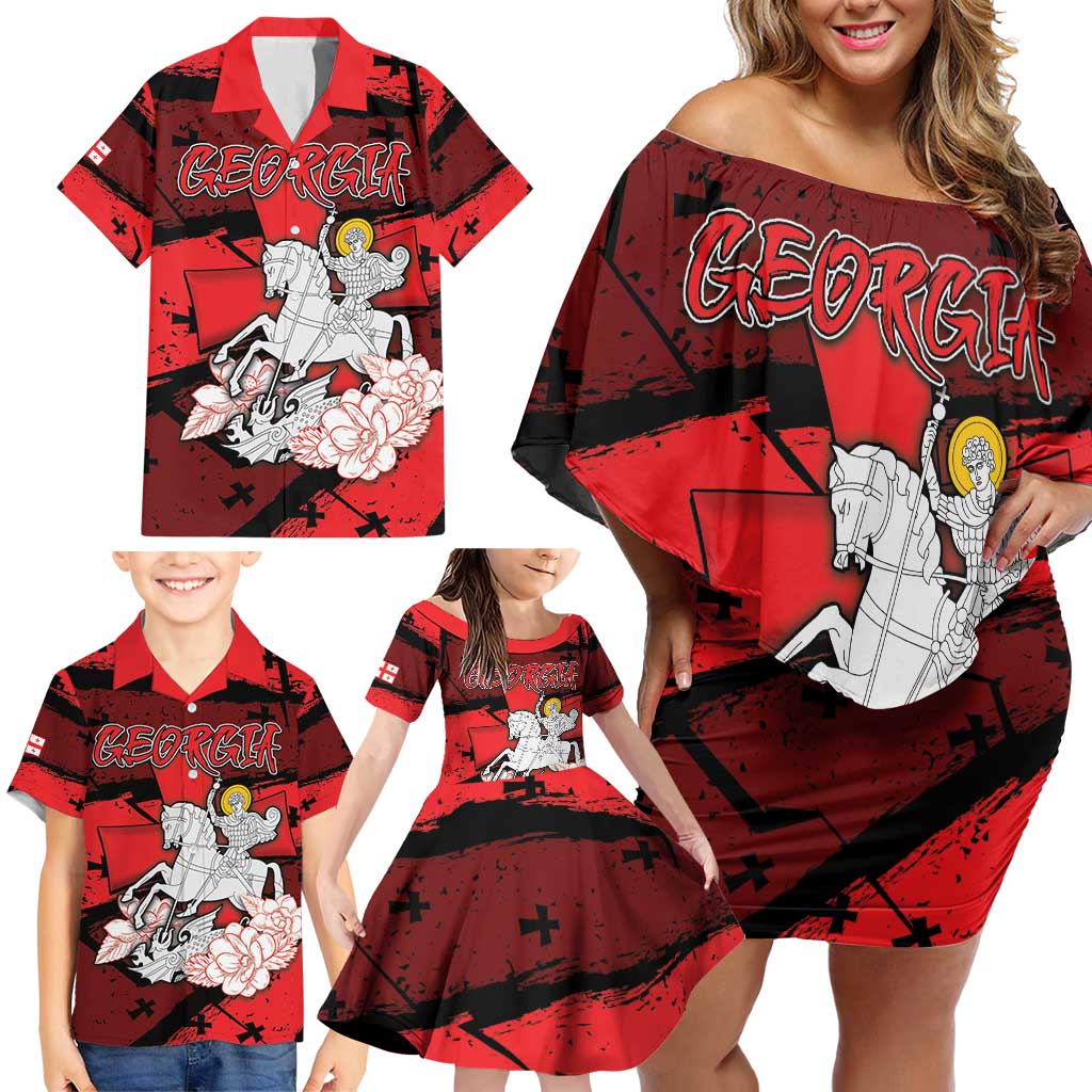 Personalized Georgia Family Matching Off Shoulder Short Dress and Hawaiian Shirt Patron Saint Symbol - Wonder Print Shop