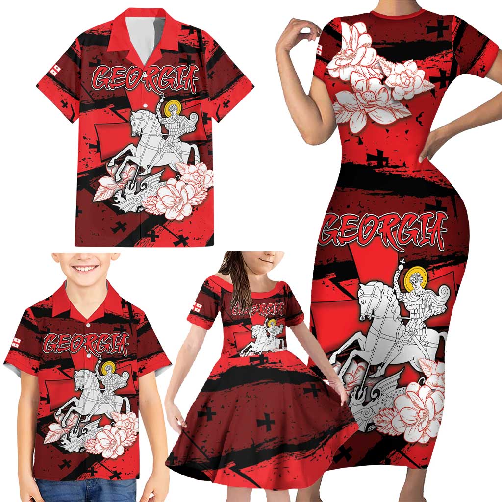 Personalized Georgia Family Matching Short Sleeve Bodycon Dress and Hawaiian Shirt Patron Saint Symbol - Wonder Print Shop