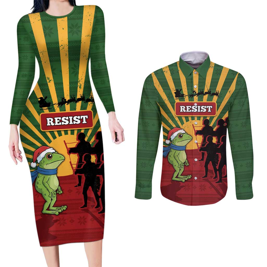 Merry Resistmas Couples Matching Long Sleeve Bodycon Dress and Long Sleeve Button Shirt Resist Portland Frog - Wonder Print Shop