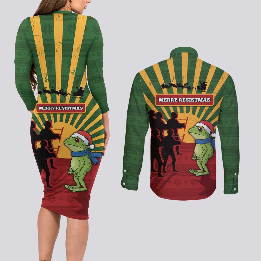 Merry Resistmas Couples Matching Long Sleeve Bodycon Dress and Long Sleeve Button Shirt Resist Portland Frog - Wonder Print Shop