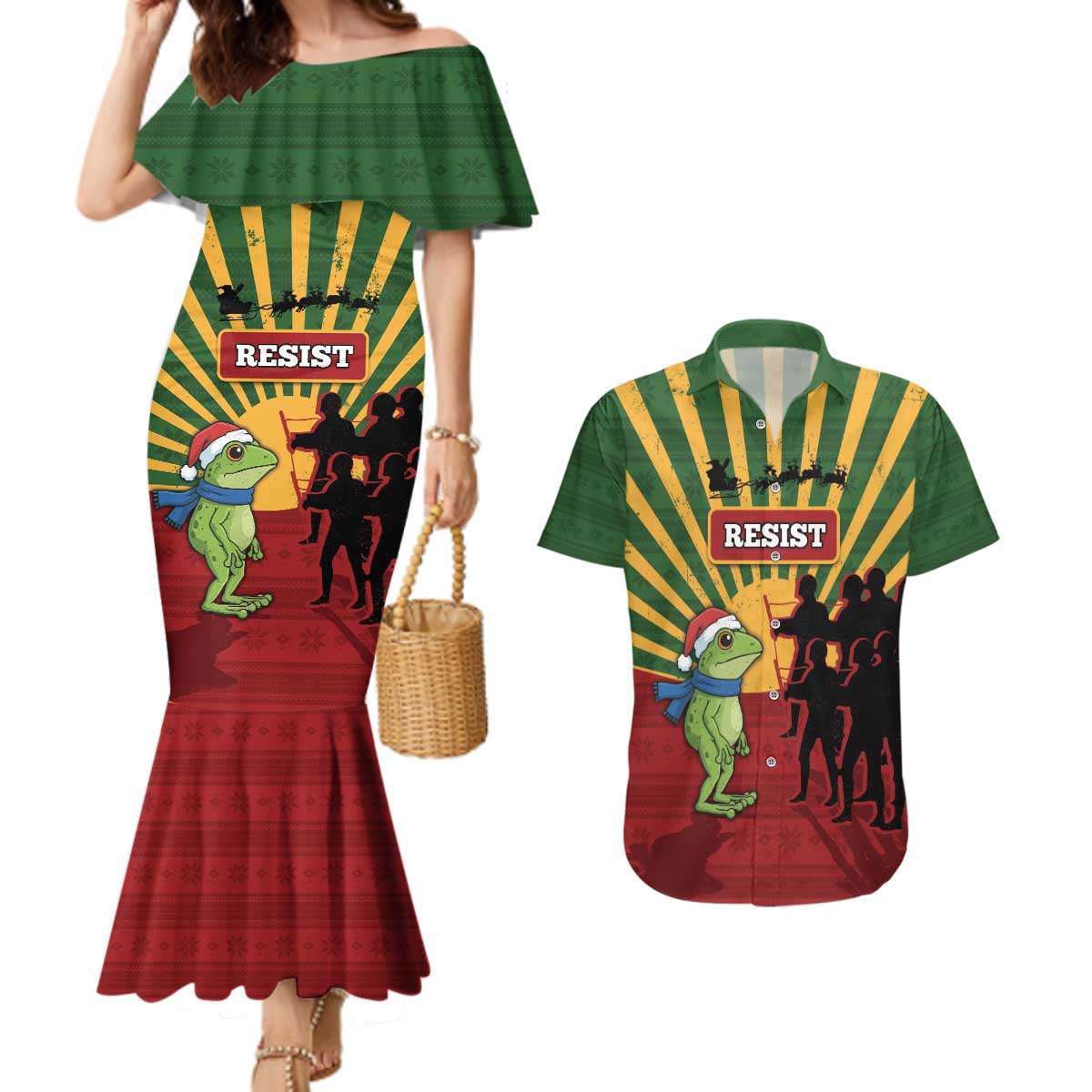 Merry Resistmas Couples Matching Mermaid Dress and Hawaiian Shirt Resist Portland Frog - Wonder Print Shop