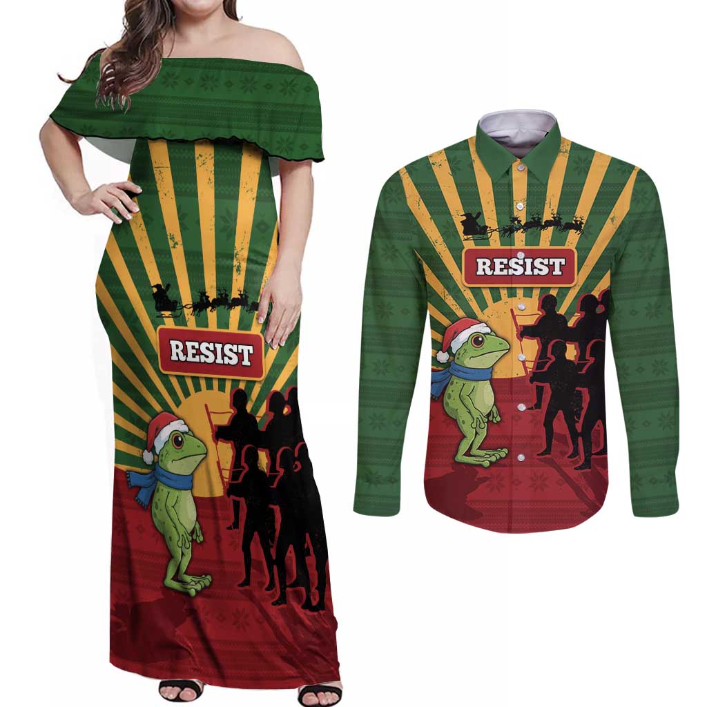 Merry Resistmas Couples Matching Off Shoulder Maxi Dress and Long Sleeve Button Shirt Resist Portland Frog - Wonder Print Shop