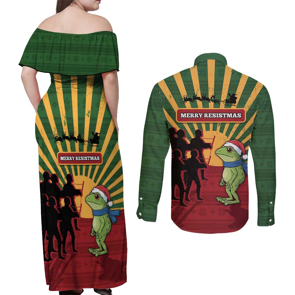 Merry Resistmas Couples Matching Off Shoulder Maxi Dress and Long Sleeve Button Shirt Resist Portland Frog - Wonder Print Shop
