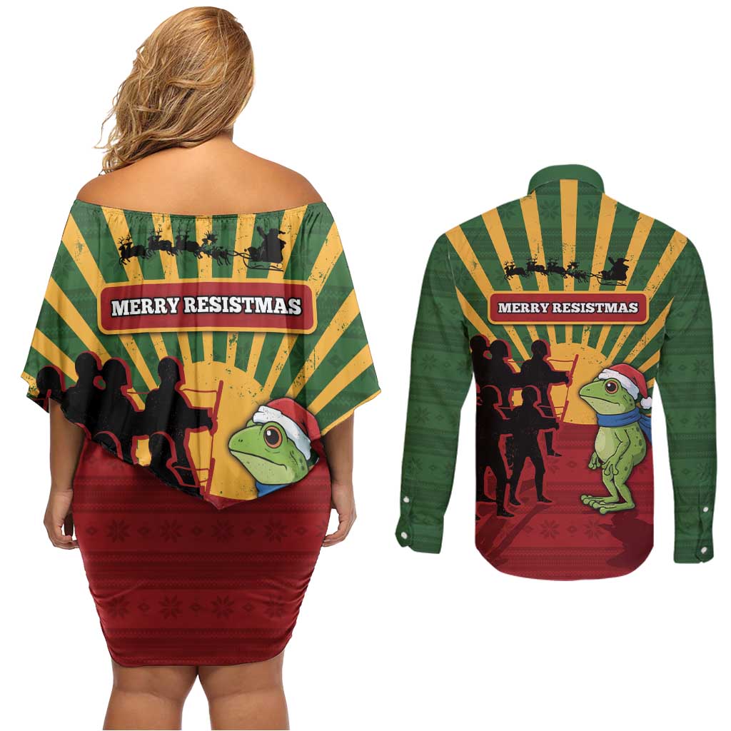 Merry Resistmas Couples Matching Off Shoulder Short Dress and Long Sleeve Button Shirt Resist Portland Frog - Wonder Print Shop
