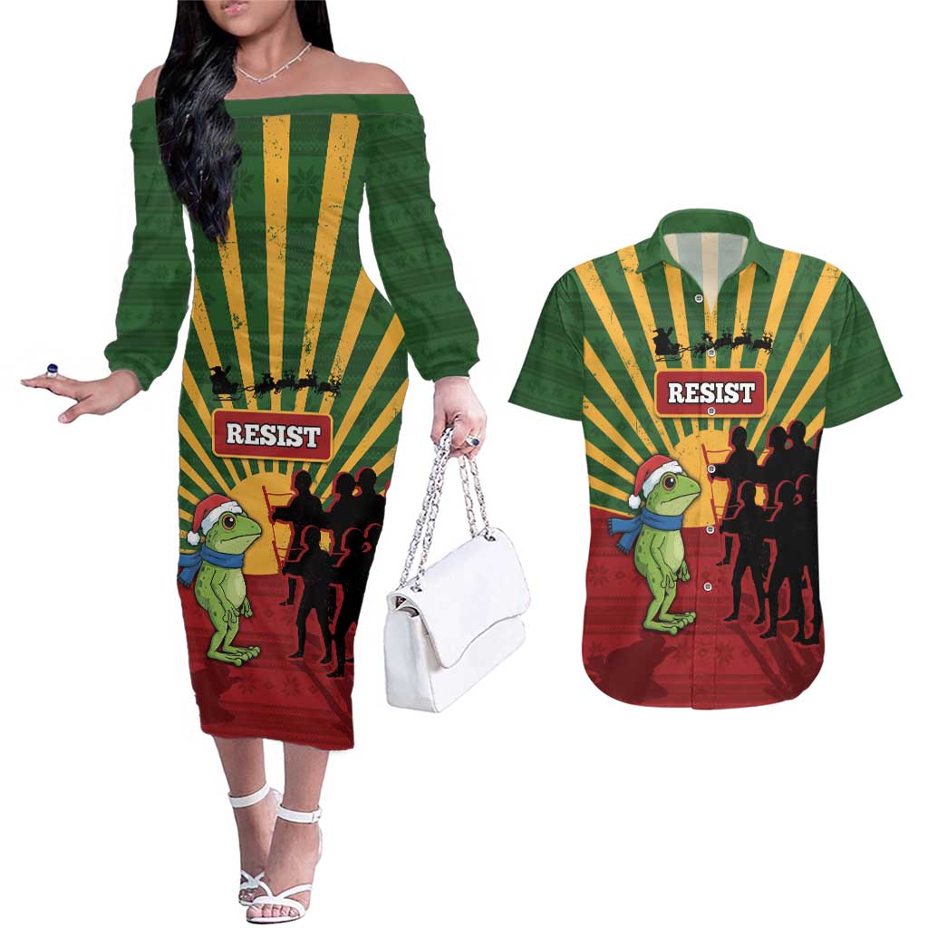 Merry Resistmas Couples Matching Off The Shoulder Long Sleeve Dress and Hawaiian Shirt Resist Portland Frog - Wonder Print Shop