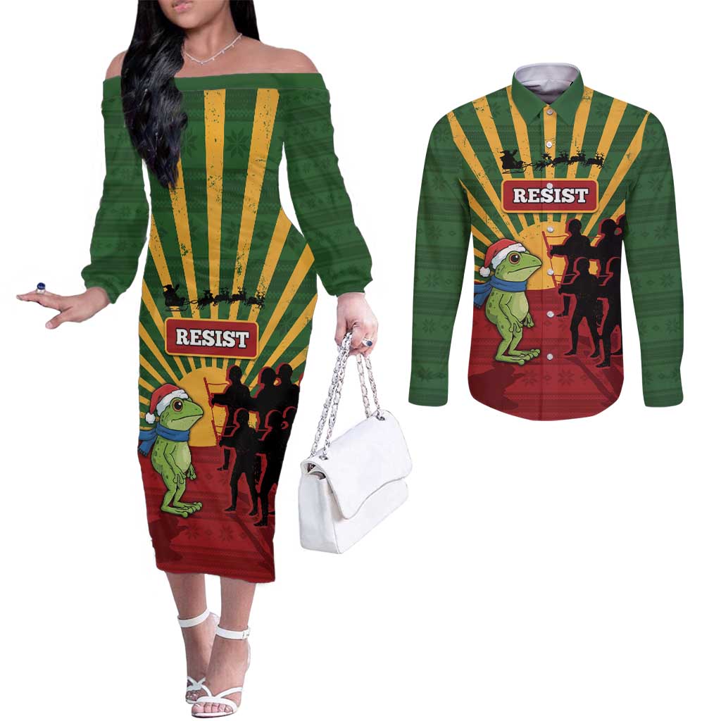 Merry Resistmas Couples Matching Off The Shoulder Long Sleeve Dress and Long Sleeve Button Shirt Resist Portland Frog - Wonder Print Shop