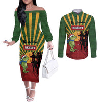 Merry Resistmas Couples Matching Off The Shoulder Long Sleeve Dress and Long Sleeve Button Shirt Resist Portland Frog - Wonder Print Shop