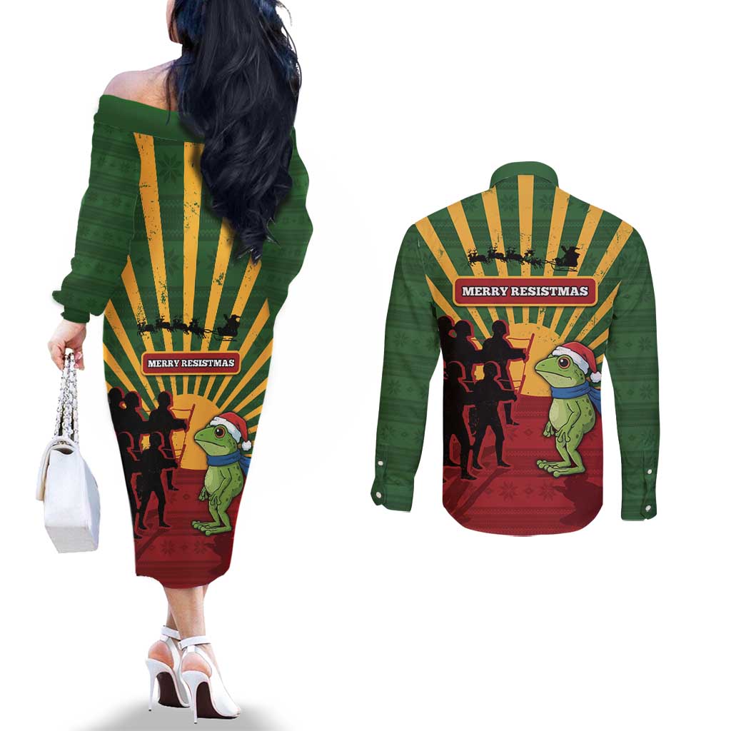 Merry Resistmas Couples Matching Off The Shoulder Long Sleeve Dress and Long Sleeve Button Shirt Resist Portland Frog - Wonder Print Shop