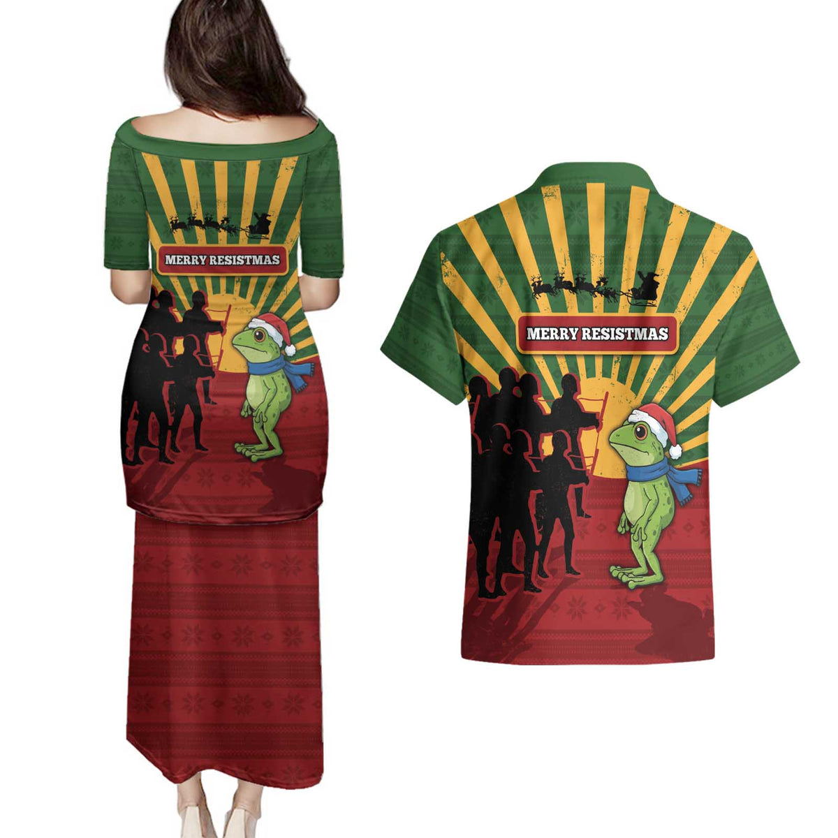 Merry Resistmas Couples Matching Puletasi and Hawaiian Shirt Resist Portland Frog - Wonder Print Shop