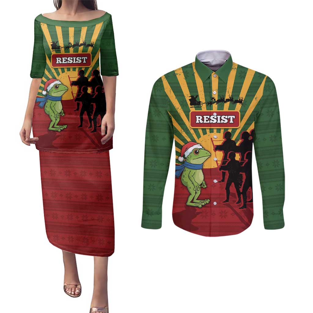 Merry Resistmas Couples Matching Puletasi and Long Sleeve Button Shirt Resist Portland Frog - Wonder Print Shop