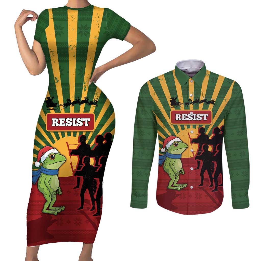 Merry Resistmas Couples Matching Short Sleeve Bodycon Dress and Long Sleeve Button Shirt Resist Portland Frog - Wonder Print Shop