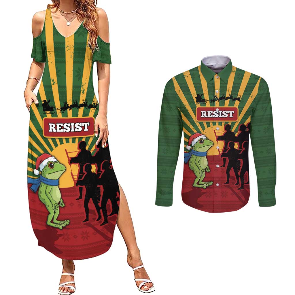 Merry Resistmas Couples Matching Summer Maxi Dress and Long Sleeve Button Shirt Resist Portland Frog - Wonder Print Shop