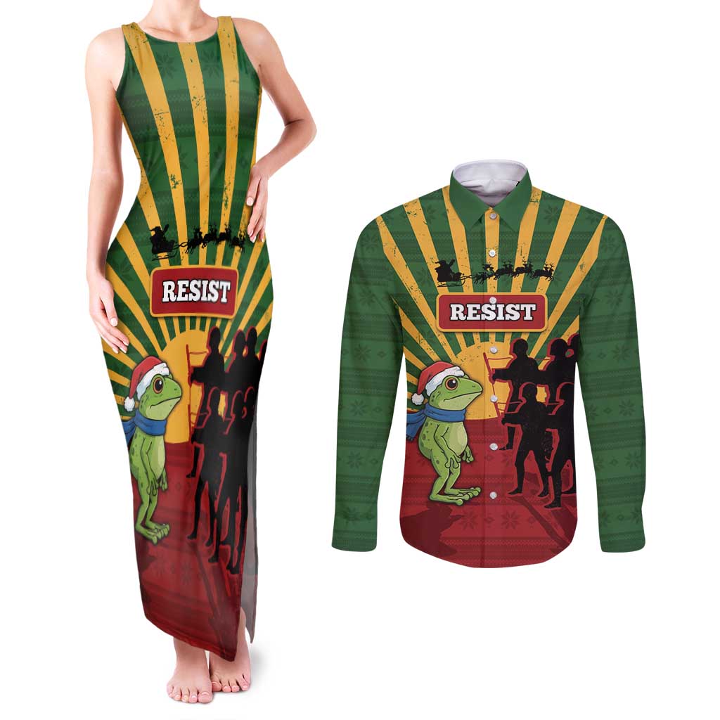 Merry Resistmas Couples Matching Tank Maxi Dress and Long Sleeve Button Shirt Resist Portland Frog - Wonder Print Shop