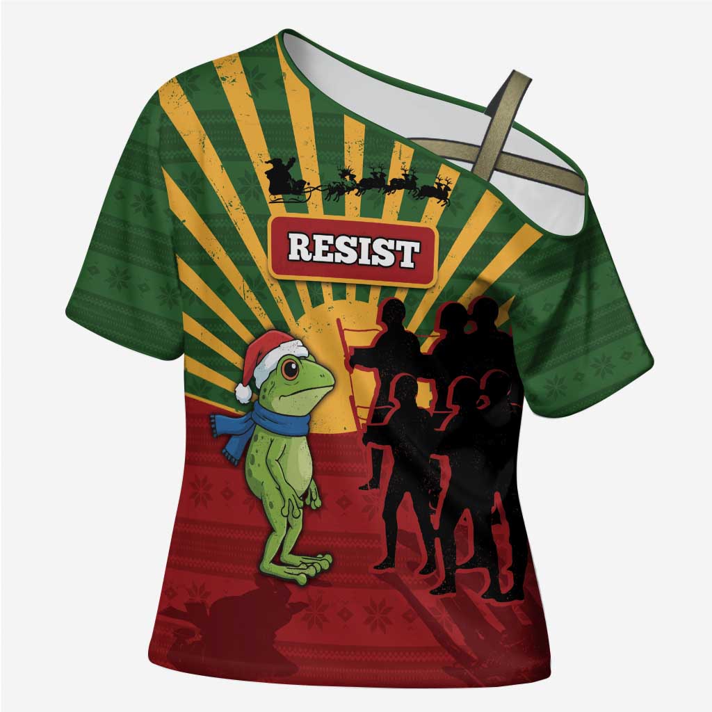 Merry Resistmas Cross Shoulder Shirt Resist Portland Frog - Wonder Print Shop
