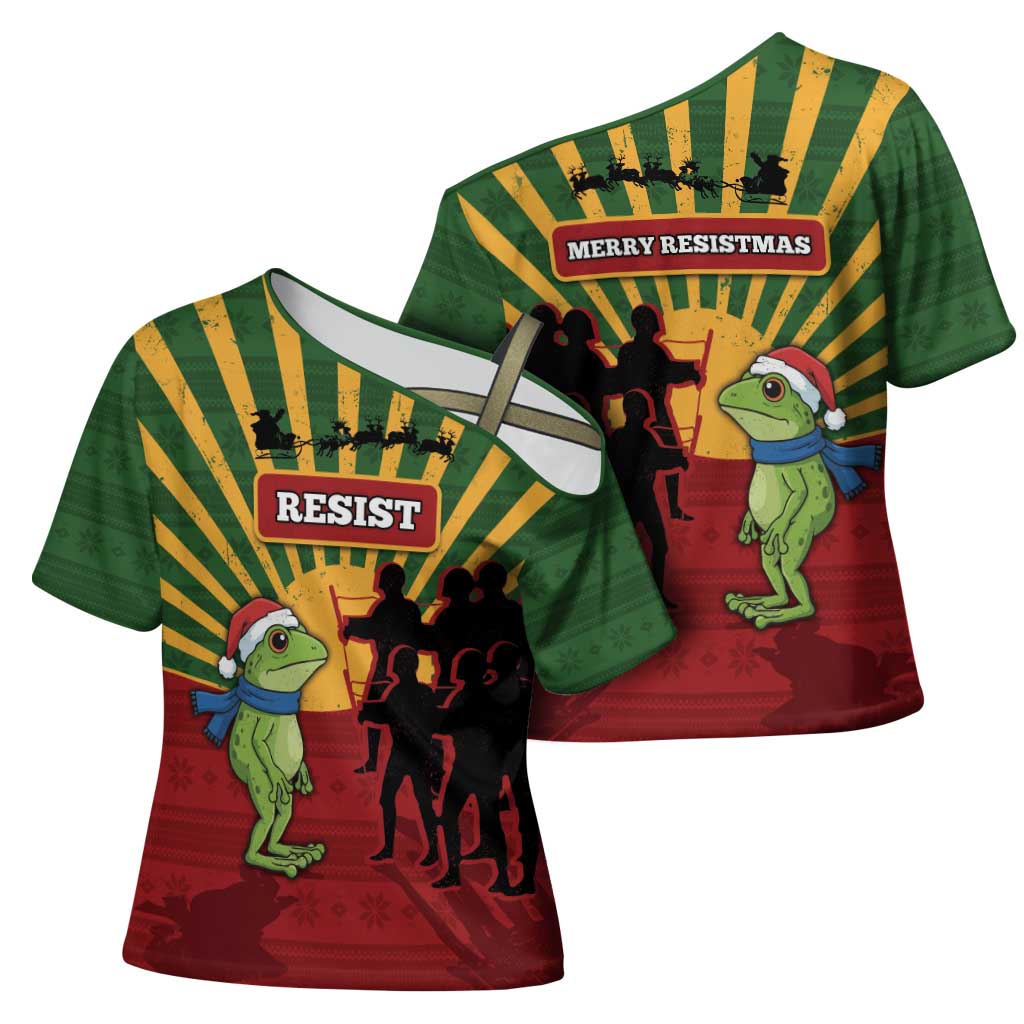 Merry Resistmas Cross Shoulder Shirt Resist Portland Frog - Wonder Print Shop