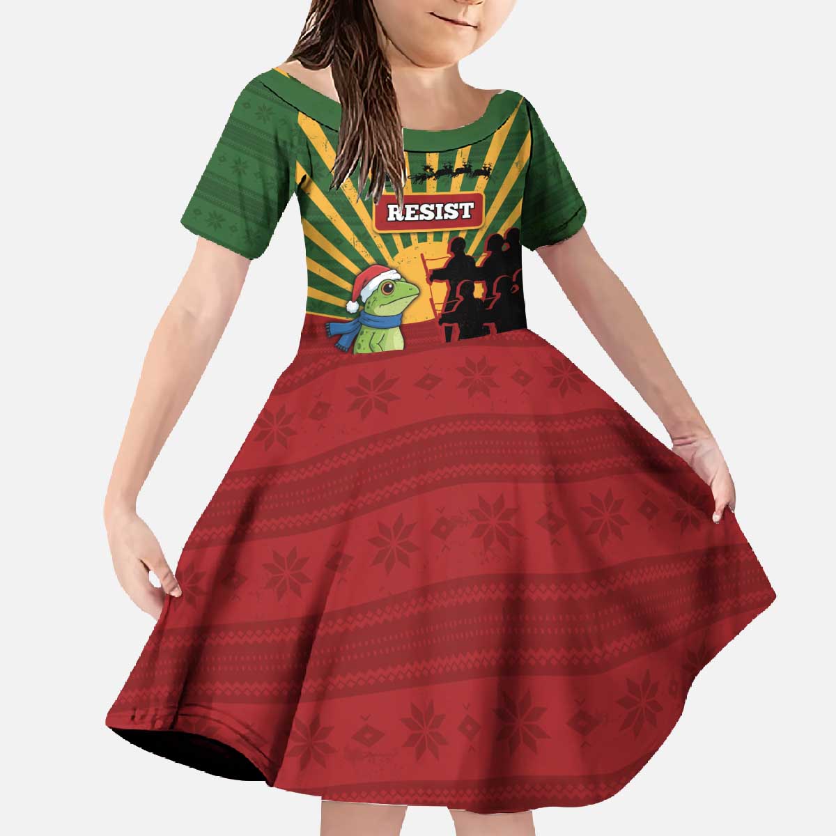 Merry Resistmas Family Matching Off The Shoulder Long Sleeve Dress and Hawaiian Shirt Resist Portland Frog - Wonder Print Shop