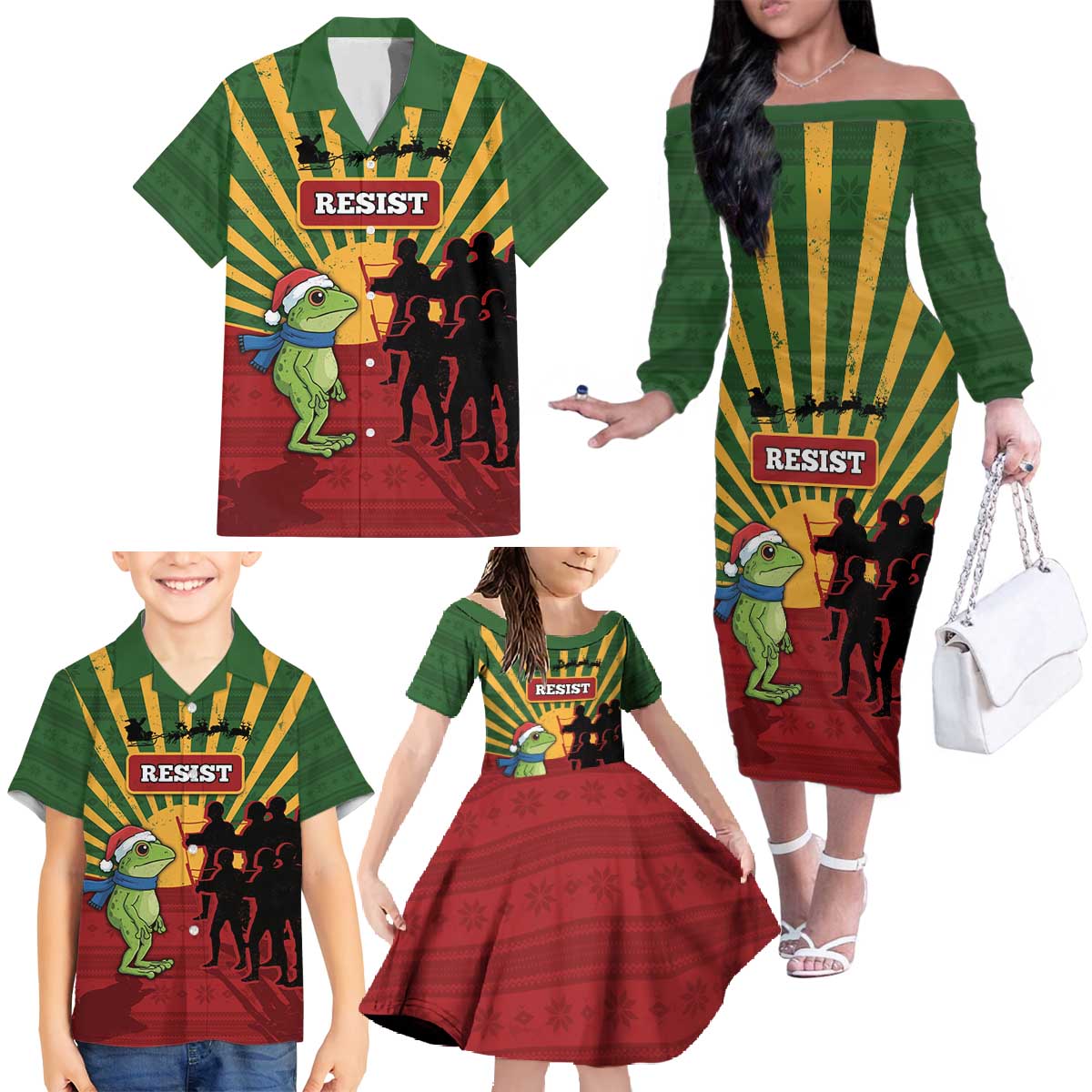 Merry Resistmas Family Matching Off The Shoulder Long Sleeve Dress and Hawaiian Shirt Resist Portland Frog - Wonder Print Shop