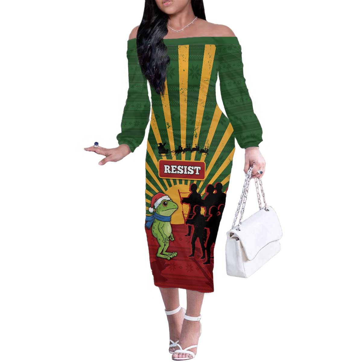Merry Resistmas Family Matching Off The Shoulder Long Sleeve Dress and Hawaiian Shirt Resist Portland Frog - Wonder Print Shop
