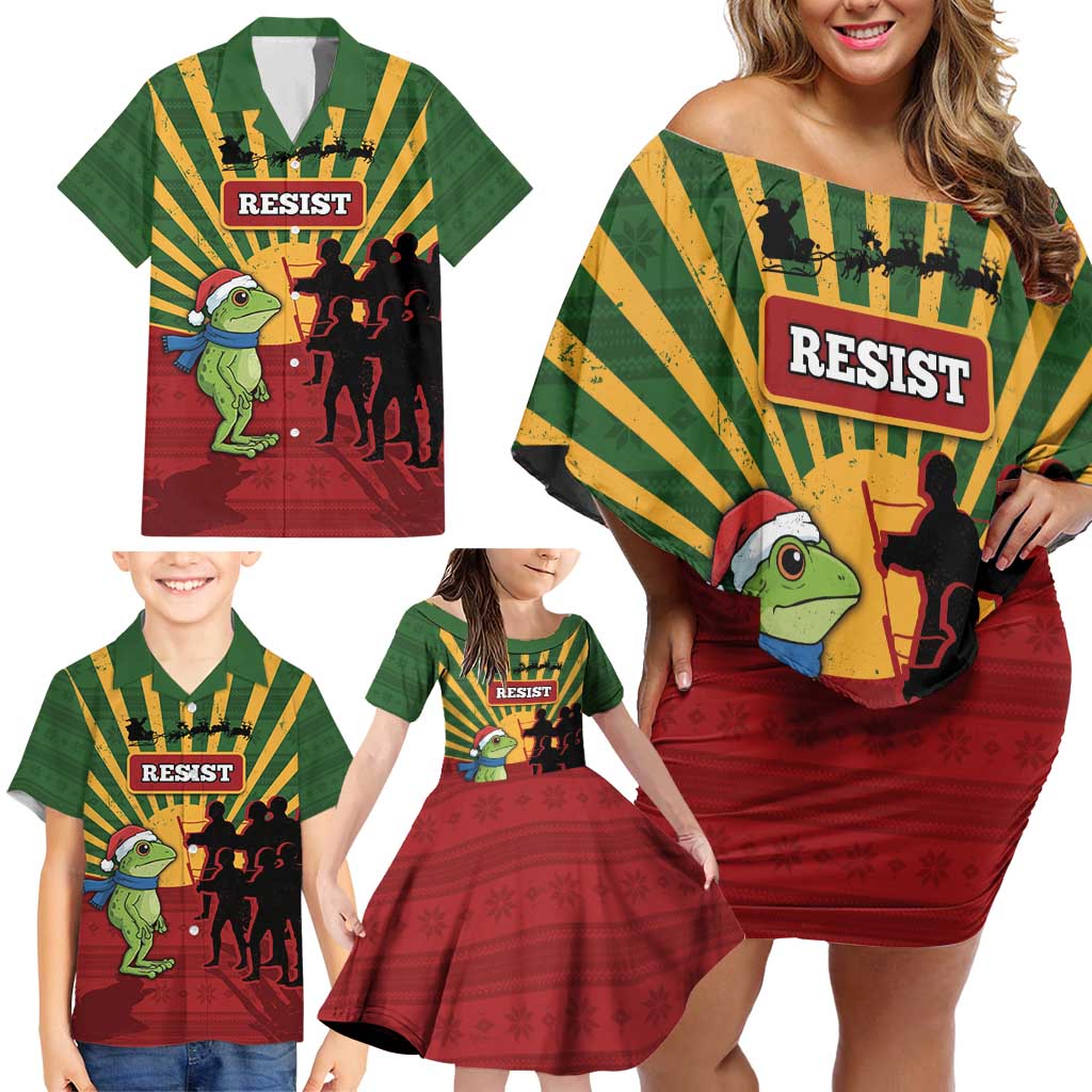 Merry Resistmas Family Matching Off Shoulder Short Dress and Hawaiian Shirt Resist Portland Frog - Wonder Print Shop