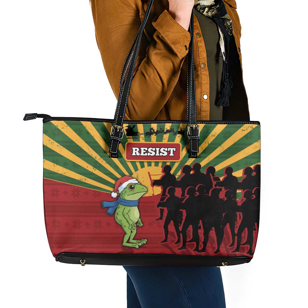 Merry Resistmas Leather Tote Bag Resist Portland Frog - Wonder Print Shop