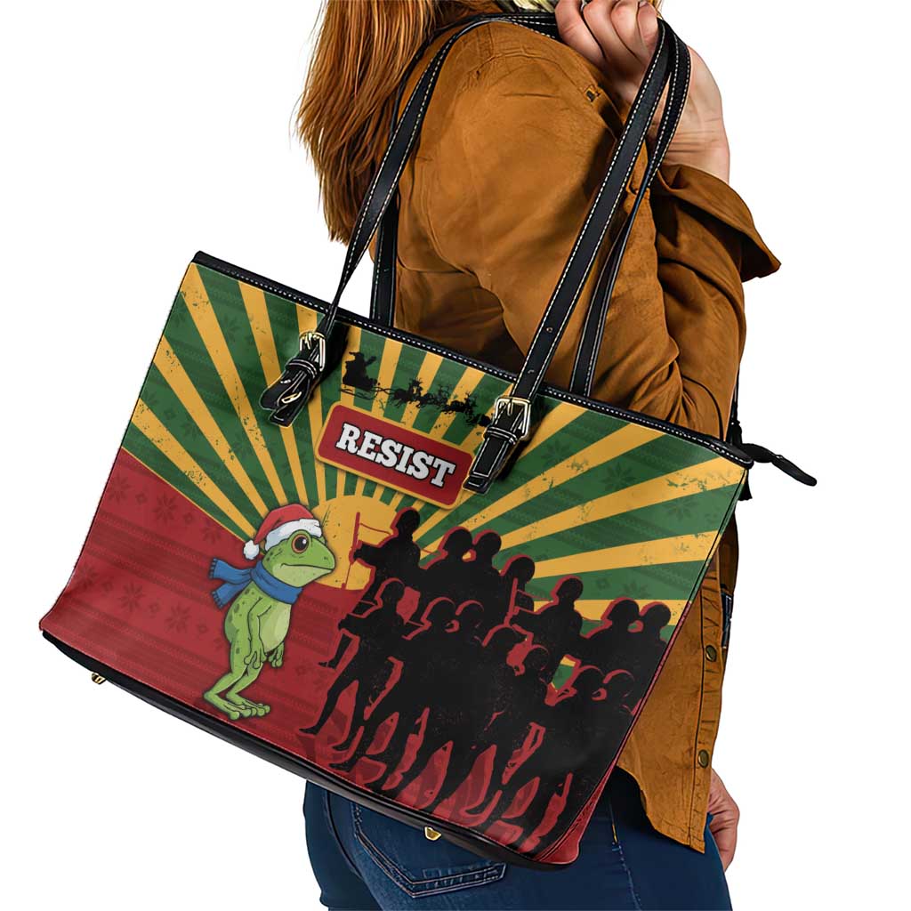 Merry Resistmas Leather Tote Bag Resist Portland Frog - Wonder Print Shop
