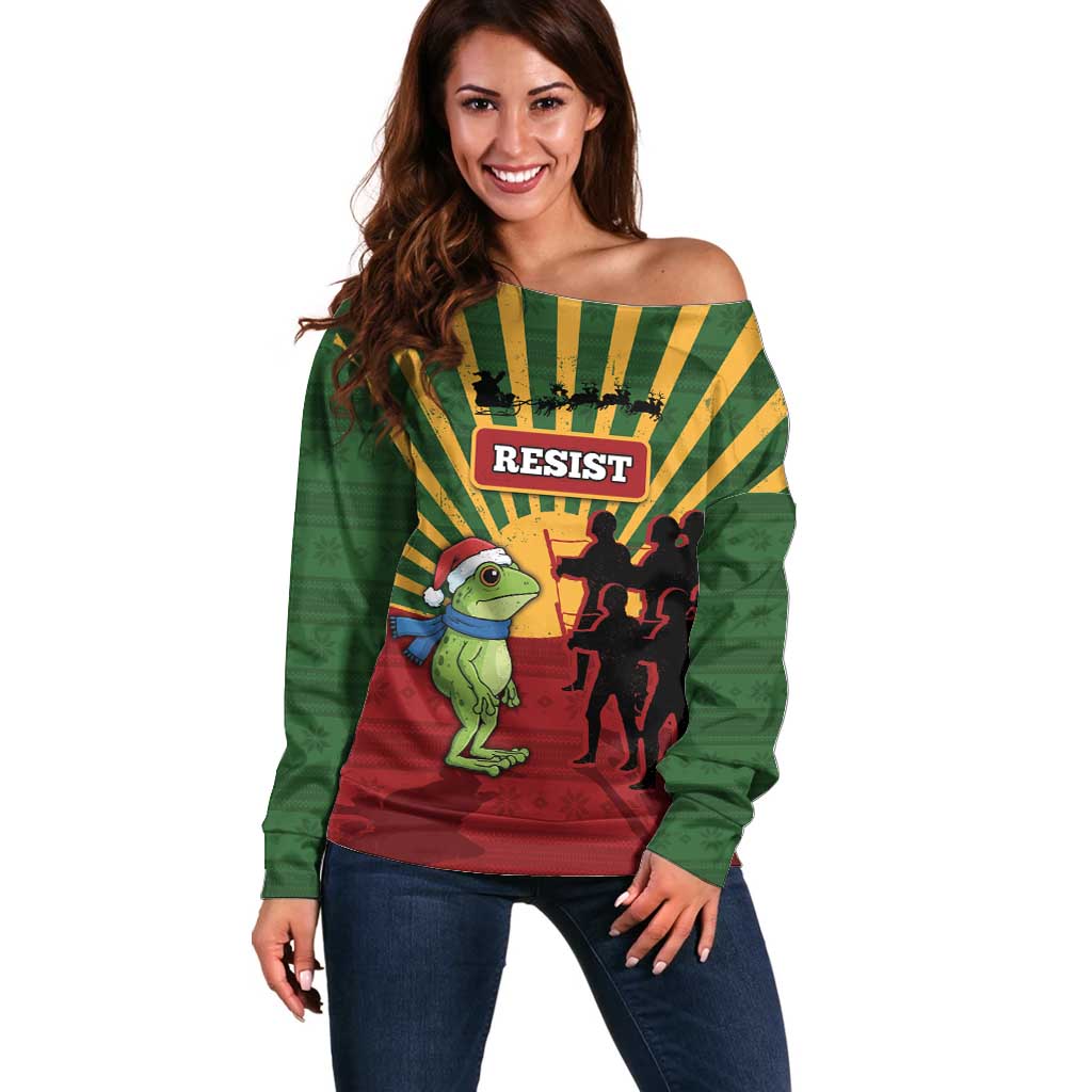 Merry Resistmas Off Shoulder Sweater Resist Portland Frog - Wonder Print Shop