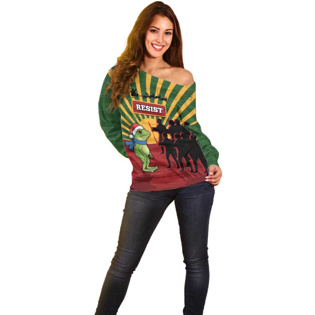 Merry Resistmas Off Shoulder Sweater Resist Portland Frog - Wonder Print Shop