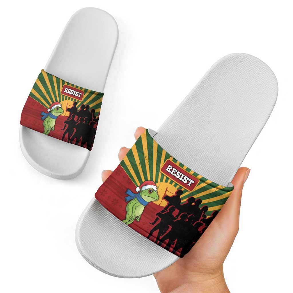 Merry Resistmas Slide Sandals Resist Portland Frog - Wonder Print Shop