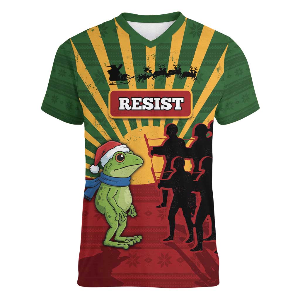 Merry Resistmas Women V-Neck T-Shirt Resist Portland Frog - Wonder Print Shop