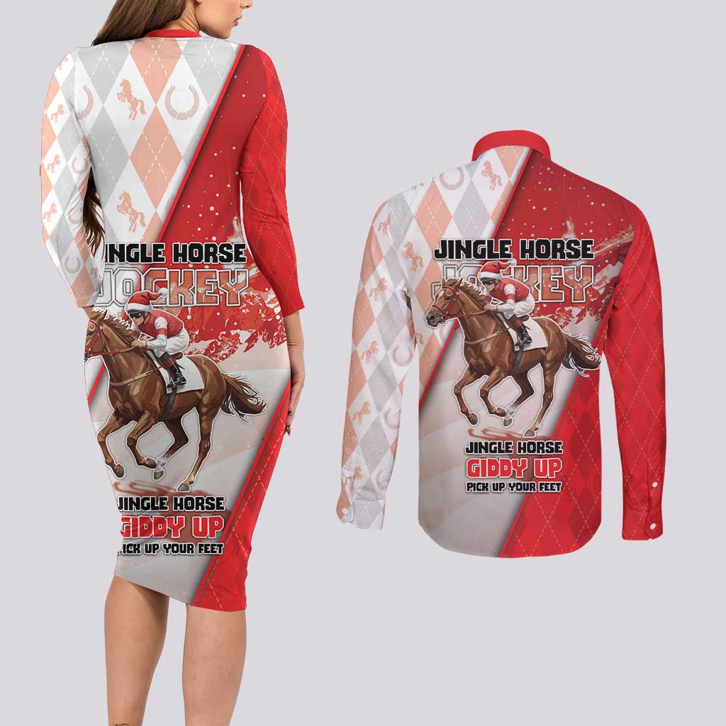 Horse Racing Christmas Couples Matching Long Sleeve Bodycon Dress and Long Sleeve Button Shirt Giddy Up Pick Up Your Feet - Wonder Print Shop