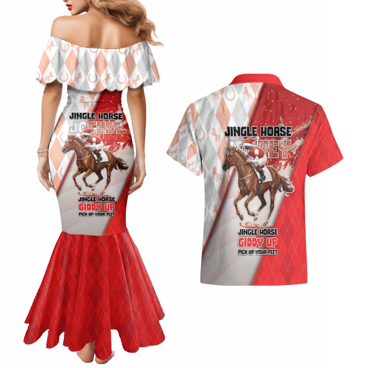 Horse Racing Christmas Couples Matching Mermaid Dress and Hawaiian Shirt Giddy Up Pick Up Your Feet - Wonder Print Shop