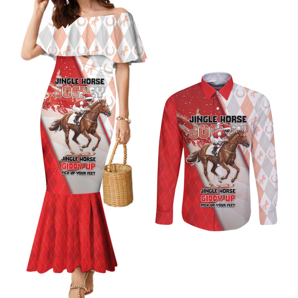 Horse Racing Christmas Couples Matching Mermaid Dress and Long Sleeve Button Shirt Giddy Up Pick Up Your Feet - Wonder Print Shop