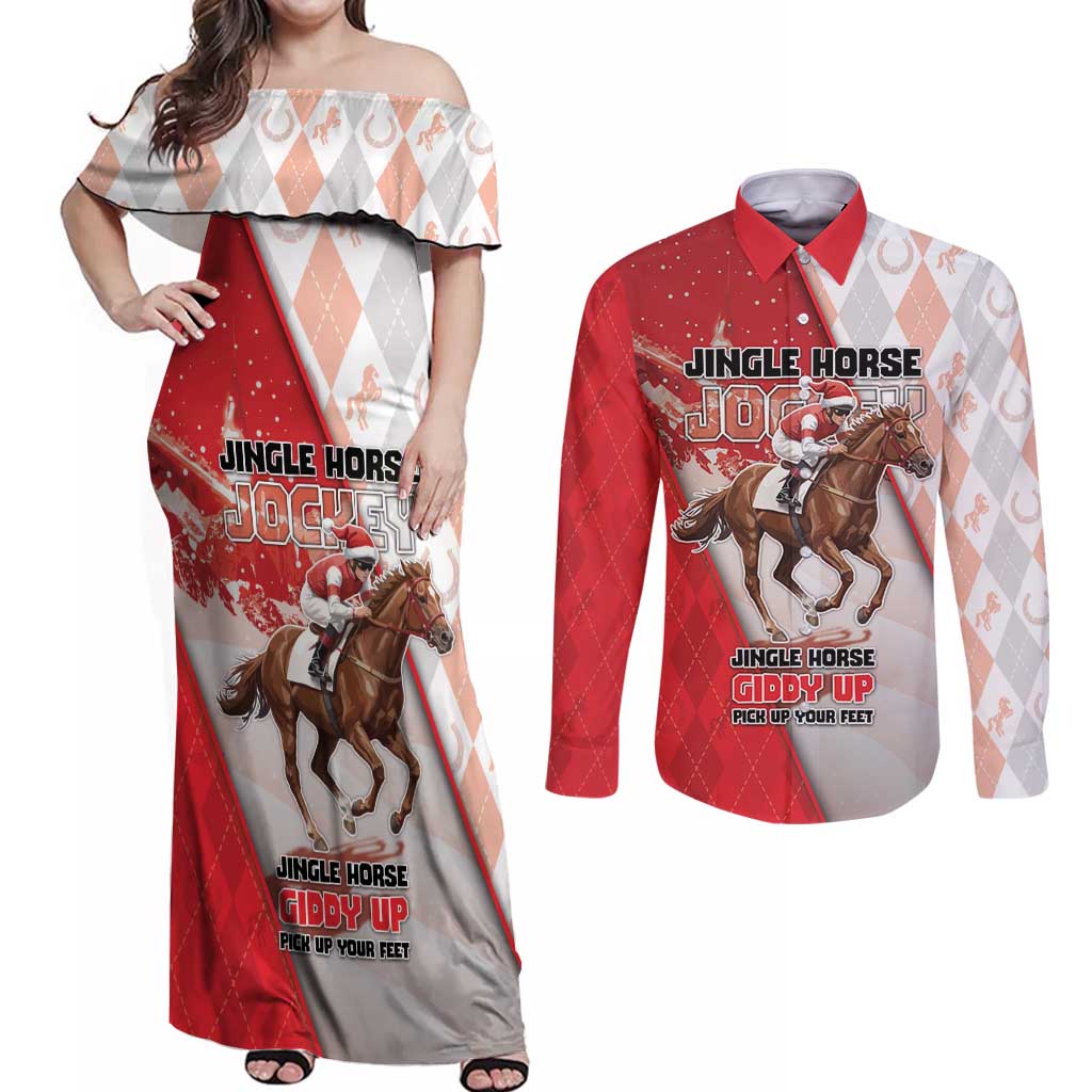 Horse Racing Christmas Couples Matching Off Shoulder Maxi Dress and Long Sleeve Button Shirt Giddy Up Pick Up Your Feet - Wonder Print Shop