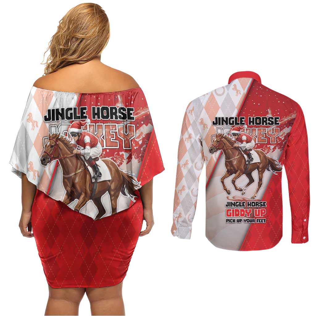 Horse Racing Christmas Couples Matching Off Shoulder Short Dress and Long Sleeve Button Shirt Giddy Up Pick Up Your Feet - Wonder Print Shop