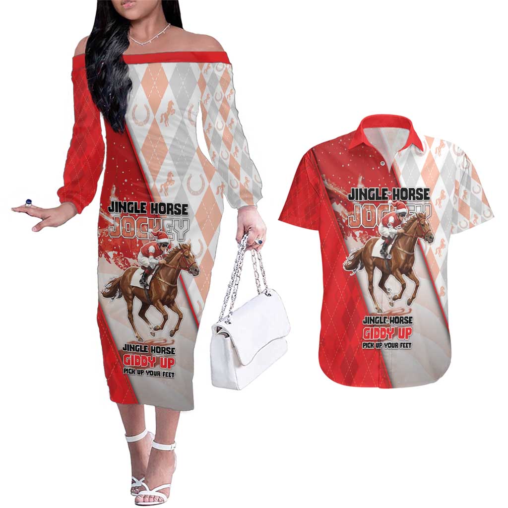 Horse Racing Christmas Couples Matching Off The Shoulder Long Sleeve Dress and Hawaiian Shirt Giddy Up Pick Up Your Feet - Wonder Print Shop