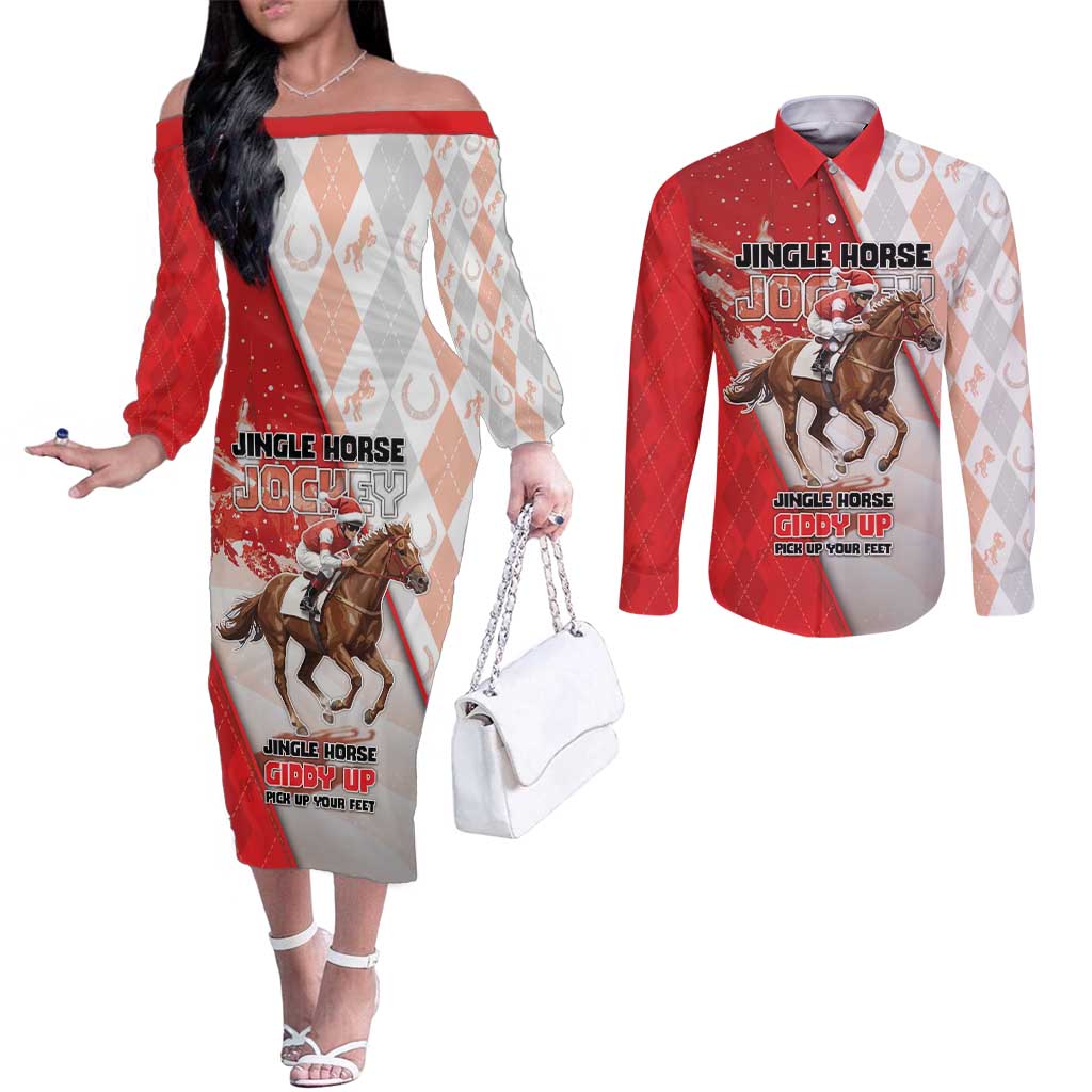 Horse Racing Christmas Couples Matching Off The Shoulder Long Sleeve Dress and Long Sleeve Button Shirt Giddy Up Pick Up Your Feet - Wonder Print Shop