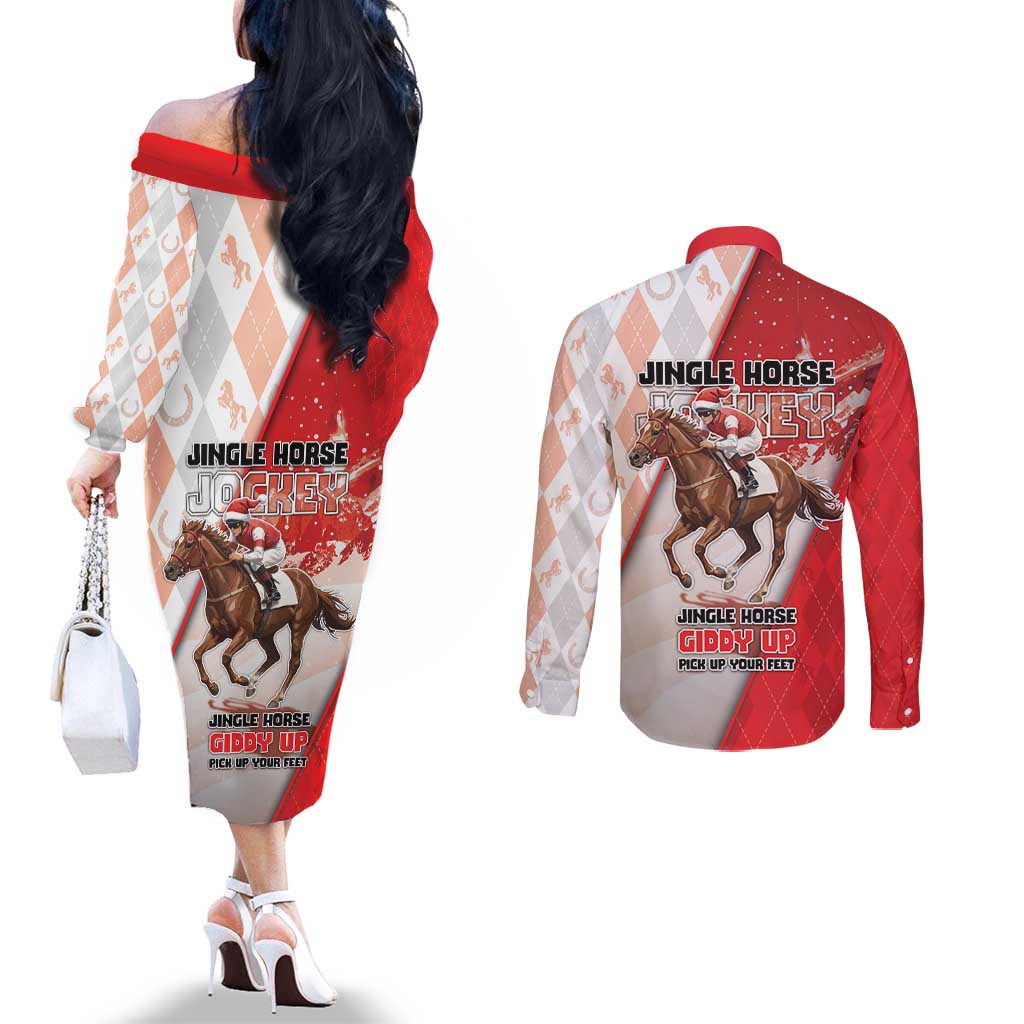 Horse Racing Christmas Couples Matching Off The Shoulder Long Sleeve Dress and Long Sleeve Button Shirt Giddy Up Pick Up Your Feet - Wonder Print Shop
