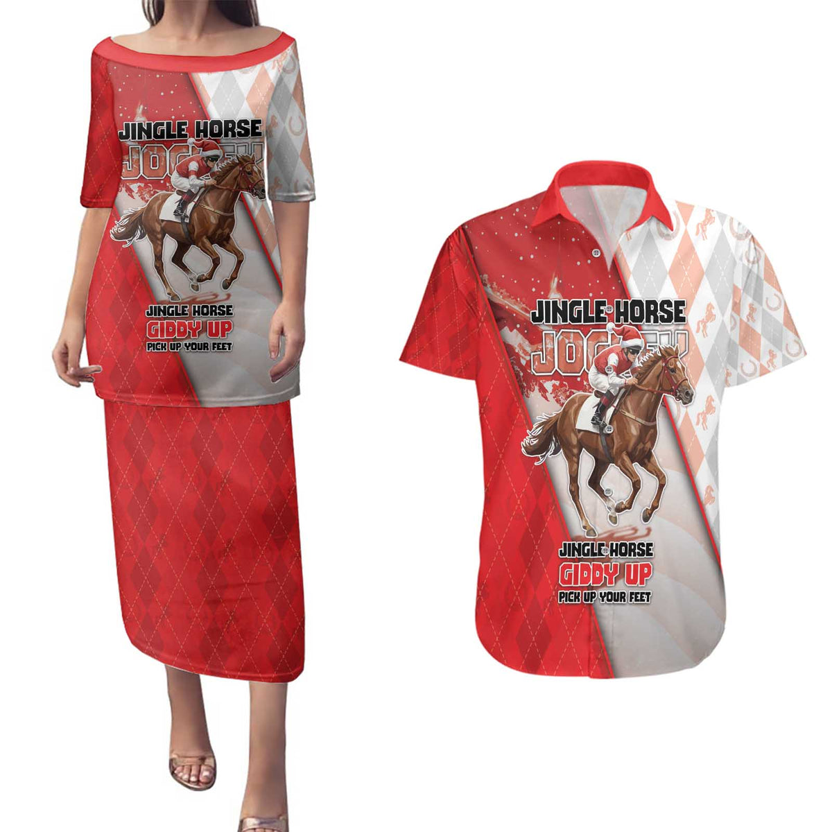 Horse Racing Christmas Couples Matching Puletasi and Hawaiian Shirt Giddy Up Pick Up Your Feet - Wonder Print Shop