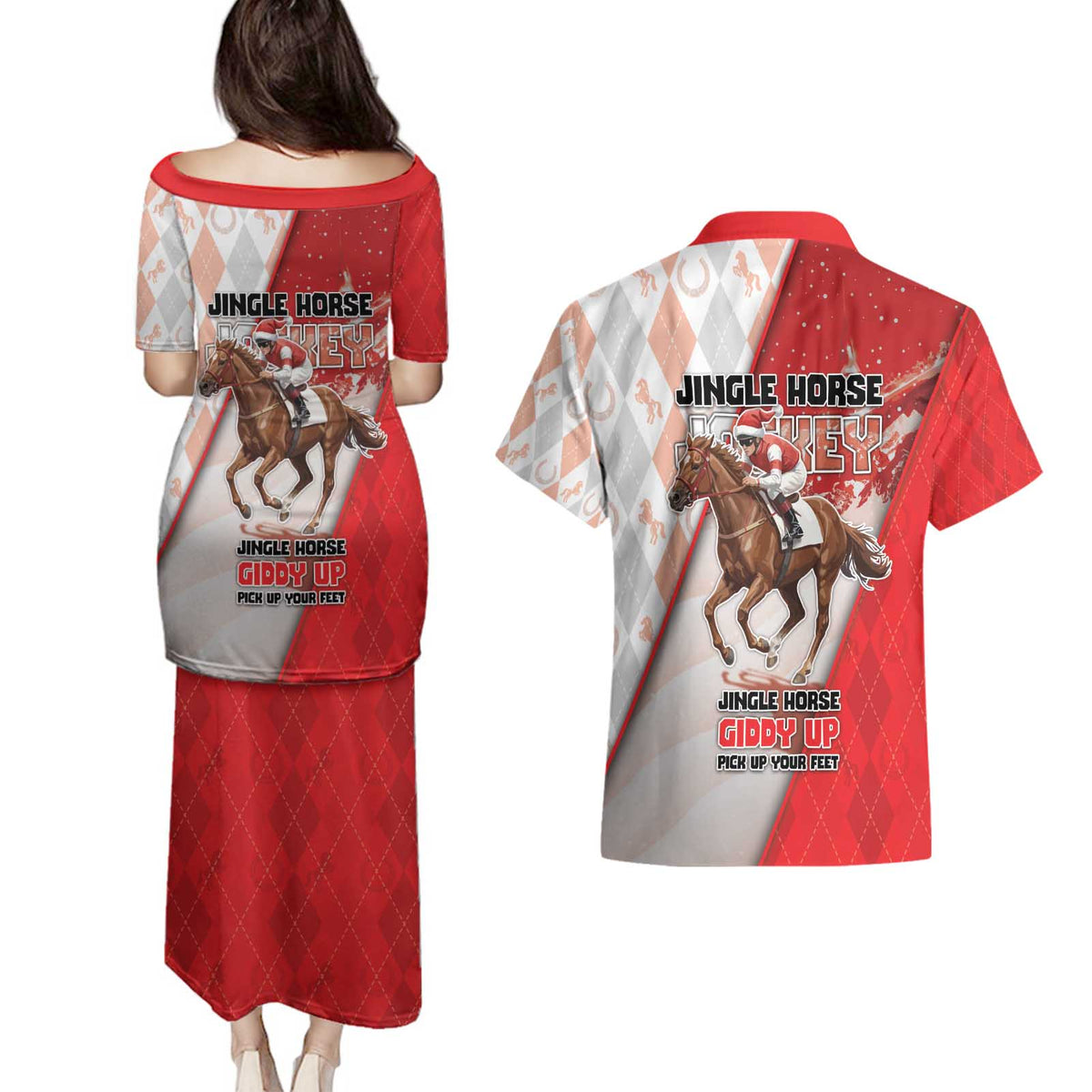 Horse Racing Christmas Couples Matching Puletasi and Hawaiian Shirt Giddy Up Pick Up Your Feet - Wonder Print Shop