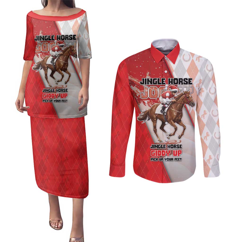 Horse Racing Christmas Couples Matching Puletasi and Long Sleeve Button Shirt Giddy Up Pick Up Your Feet - Wonder Print Shop