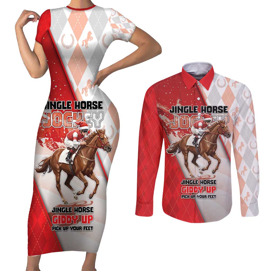 Horse Racing Christmas Couples Matching Short Sleeve Bodycon Dress and Long Sleeve Button Shirt Giddy Up Pick Up Your Feet - Wonder Print Shop
