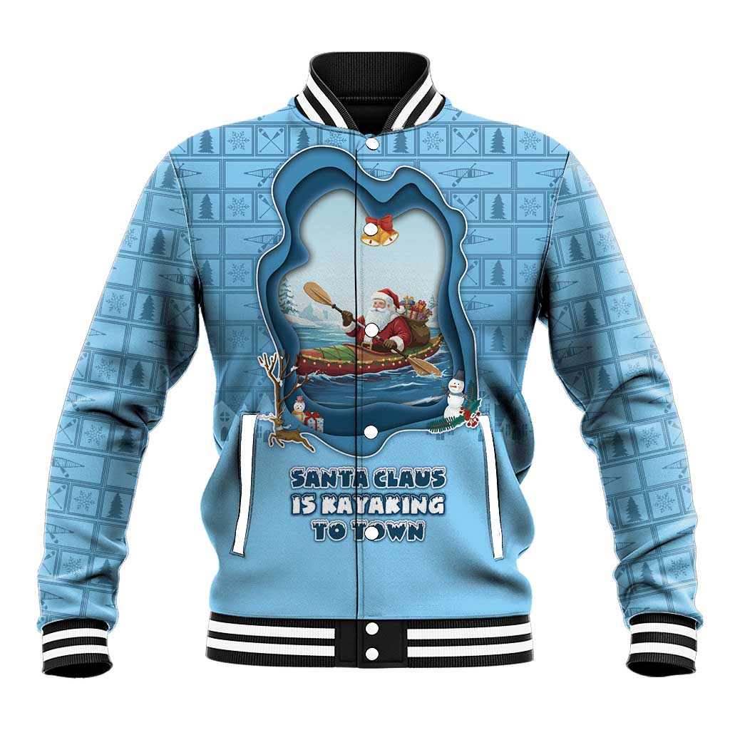 Santa Claus Is Kayaking To Town Baseball Jacket Merry Christmas - Wonder Print Shop